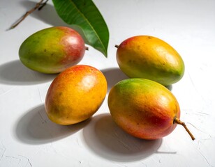 Four vibrantly colored tropical fruits, with varying shades of yellow, green, and red, are arranged on a textured white surface, with a leaf