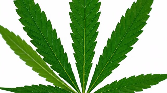 A vibrant green cannabis leaf isolated on a clean white background, highlighting its detailed texture and botanical features. Perfect for medical and natural themes.