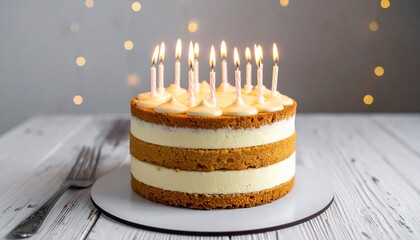 Birthday cake with lit candles sits on a table, soft bokeh lights in background