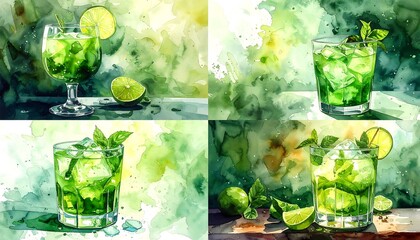 Four watercolor artworks showcasing refreshing green beverages with ice, lime slices, and mint leaves, against abstract backgrounds