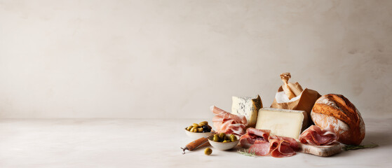 Rustic charcuterie board with cheese, bread and cured meats
