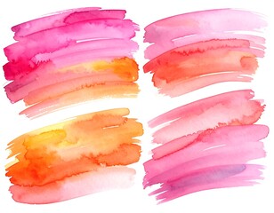 Four watercolor brushstroke compositions in warm, vibrant colors, ranging from pinks and reds to oranges and yellows