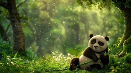 Cute Panda Bear Sitting in Forest with Green Foliage and Sparkling Light