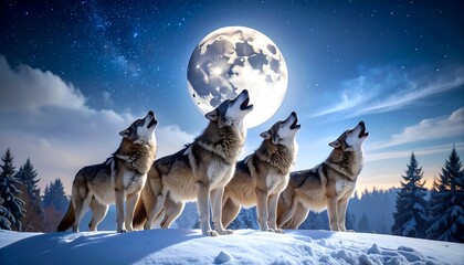 Four wolves, standing in snow, howl at a bright, full moon in a winter forest, under a starry night sky