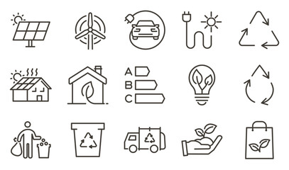 Sustainability, recycling, renewable energy icon set. Thin line editable stroke icons for ecology, green energy, solar power, wind turbine, electric vehicle, recycling, and environmental protection. © Pedro