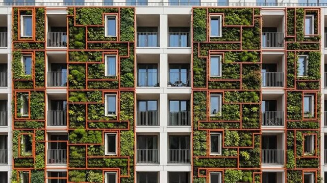 Modern Apartment Building Facade with Vertical Green Walls and Windows.