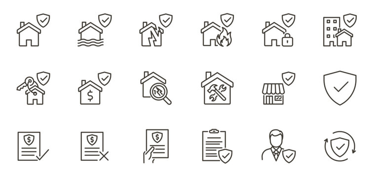 Home protection and property safety icon set. Thin line editable stroke icons for real estate insurance, home security, property damage, flood, fire, repair, loan, safety, and inspection.
