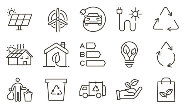 Sustainability, recycling, renewable energy icon set. Thin line editable stroke icons for ecology, green energy, solar power, wind turbine, electric vehicle, recycling, and environmental protection.