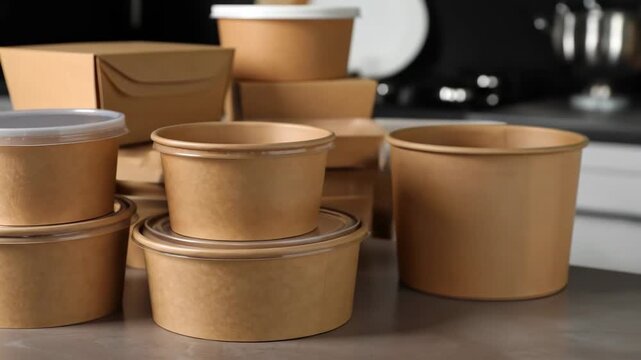 Assortment of brown paper containers and boxes on a countertop, ready for packaging.