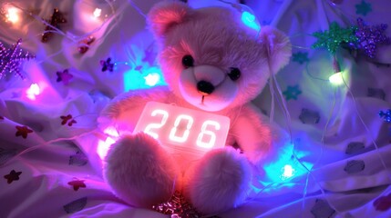 Cute Teddy Bear Holding Digital Number Light in Colorful Festive Lights