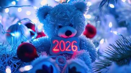 Cute White Teddy Bear Holding Illuminated 2026 Sign Surrounded by Christmas Decorations and Lights