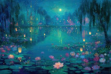 Magical Night Pond With Glowing Lotus Flowers