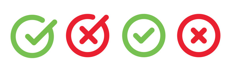 Obraz premium Check mark and cross mark icons. Green and red circles. Check tick and x cross symbols for validation, confirmation, checklist signs, approval badge. Flat modern checkmark design. Vector illustration