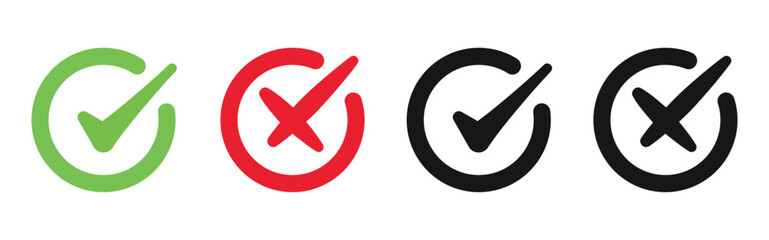 Obraz premium Check mark and cross mark icons. Green and red circles. Check tick and x cross symbols for validation, confirmation, checklist signs, approval badge. Flat modern checkmark design. Vector illustration