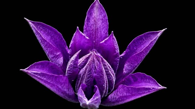 Beautiful purple clematis flower blooming against a stark black background. This amazing plant slowly unfurls its delicate petals, revealing its intricate center in a captivating display