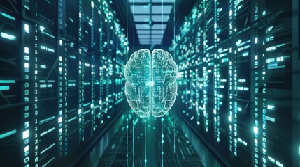 Digital Brain in Data Center with Bright Blue Lights and Binary Code