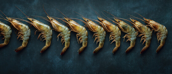 Raw shrimp arranged in a row on dark background
