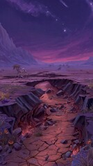 Purple Pink Cracked Desert Canyon Under Starry Night