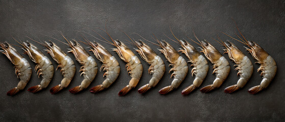 Row of raw shrimp aligned on dark board