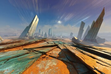Rusty Futuristic City Ruins In Alien Landscape