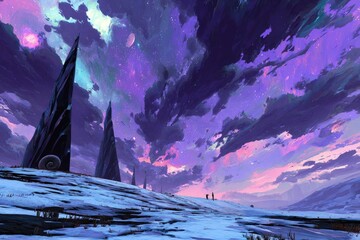 Pixelated Snowy Landscape With Pink Purple Sky And Stone Formations