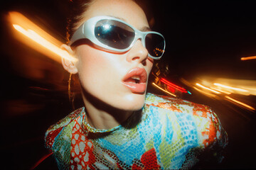 Woman wearing sunglasses enjoying Y2K nightclub fashion street style