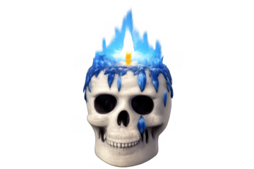 Skull candle burning with blue flames and dripping wax, occult symbol for death and magic rituals on transparent background