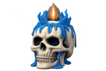 Skull candle burning with dripping blue wax, representing memento mori, death, occult, and halloween
