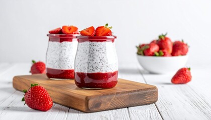 Two layered dessert jars with fresh strawberries on wood and white background