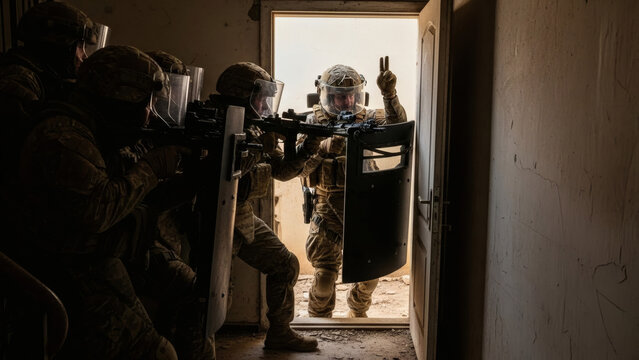 A tight space in a stairwell or a ruined room. An assault team in heavy armor, with shields and short-barreled assault rifles, is pressed against a wall next to an open doorway. The commander shows 