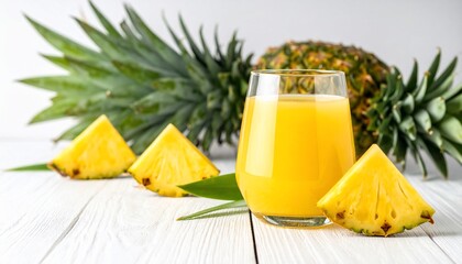A glass of golden pineapple juice with fresh fruit pieces and a whole pineapple