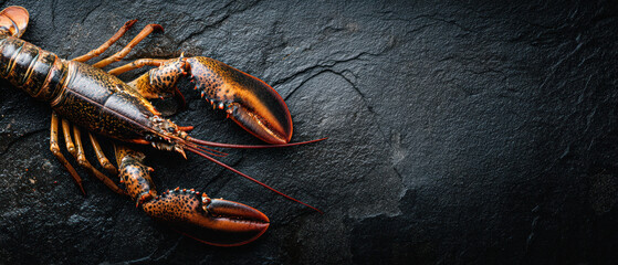 Fresh lobster on dark slate background, banner design, copyspace.