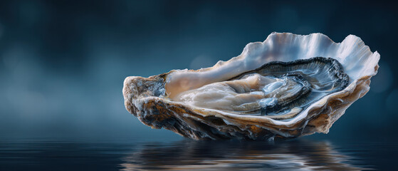 Fresh open oyster on reflective water surface
