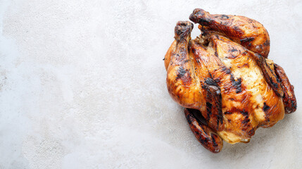 Roasted whole chicken on white surface, banner, copy space. 