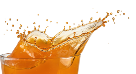 Vibrant orange liquid, perfectly spherical droplets and fine mist create a powerful high-speed splash arc in a sterile studio with dramatic backlighting, concept for beverage advertising