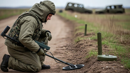 A sapper in a full protective suit kneels at the edge of a dirt road. He slowly, with utmost concentration, moves the probe of a metal detector over the ground. His face, covered in sweat, is tense, h