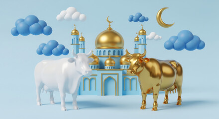 Eid al-Adha Greeting Card Design: Abstract 3D Render of Cows in front of a Mosque with golden moon and clouds