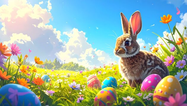 Cartoon bunny amidst colorful Easter eggs in a flower-filled meadow under bright blue sky with fluffy white clouds - Powered by Adobe