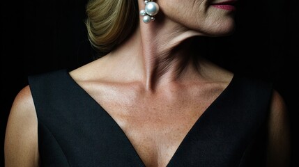 Elegant Woman Wearing Pearl Earrings and Black Dress with Exposed Neck and Shoulders