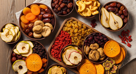 Assortment of dried fruits and snacks arranged for healthy eating and natural sweet treats. Overhead shot.