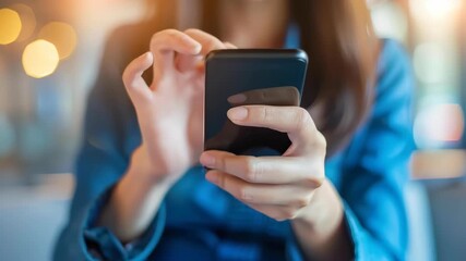 Connected World: A woman is shown meticulously using a smartphone in a setting of communication and digital connection, where she browses with a thoughtful, focused expression. - Powered by Adobe