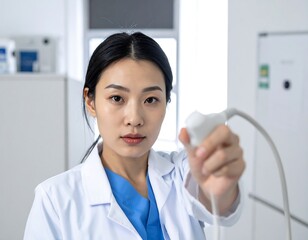 Asian medical professional holds medical device toward viewer