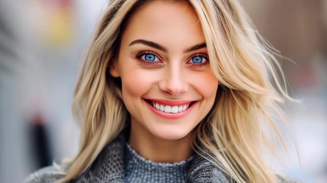 Smiling Beauty: A close-up portrait showcases the radiant charm of a woman, her bright blue eyes captivating viewers. Her dazzling smile conveys an aura of optimism and warmth.