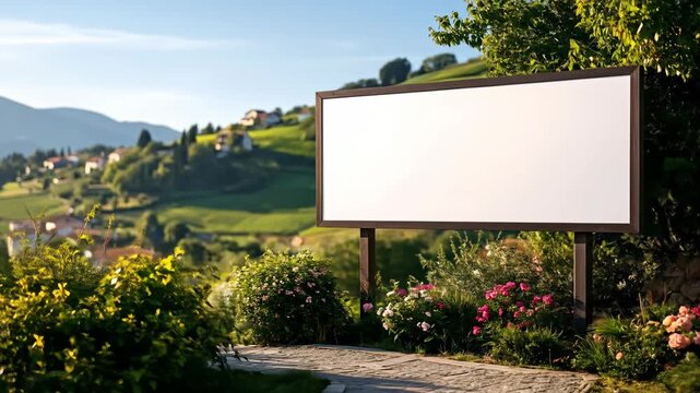 Blank billboard stands in a garden overlooking a small town on a hill.