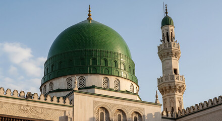 Obraz premium Islamic architecture: Green domed mosque with minaret, a symbol of faith and cultural beauty, beautiful religious landmark.