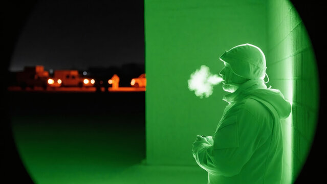 A shot mimicking the view from a thermal imager or night vision device (NVD). Green/black and white monochrome image. Center: the clear thermal silhouette of a sentry against a wall