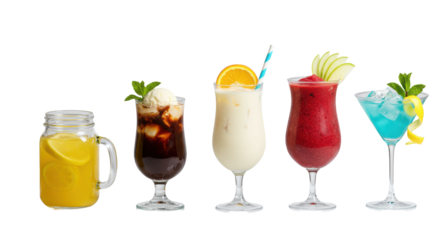 Five colorful cold beverages with garnishes and condensation, on reflective white against transparent cyclorama, commercial product photography, concept for beverage advertising