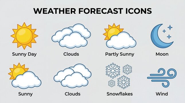 Collection of eight colorful vector icons representing various weather forecast conditions for digital display - Powered by Adobe