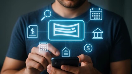 Digital Financial Transactions: A person explores seamless digital financial transactions using a smartphone, navigating financial icons. - Powered by Adobe