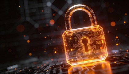 Glowing digital padlock cyber security data protection blockchain quantum circuit encryption firewall secure network neon 